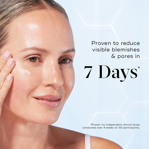 Woman applying skincare product with text claiming results in 7 days on a light blue background-hover-38