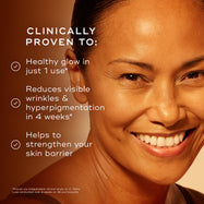 Close-up of a smiling model with glowing skin against a warm gradient background. Text highlights the product is clinically proven to provide a healthy glow in just one use, reduce visible wrinkles and hyperpigmentation in 4 weeks, and help strengthen the skin barrier.