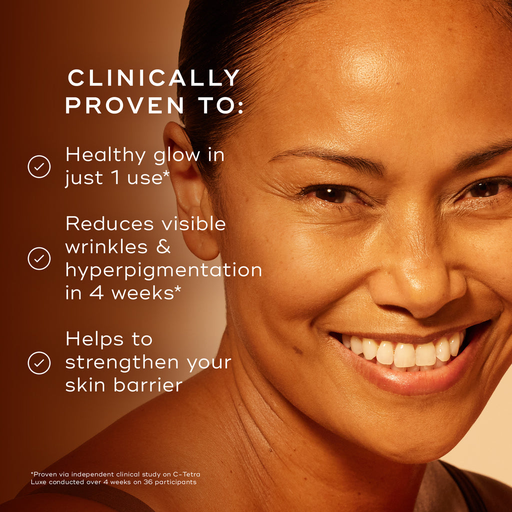 Close-up of a smiling model with glowing skin against a warm gradient background. Text highlights the product is clinically proven to provide a healthy glow in just one use, reduce visible wrinkles and hyperpigmentation in 4 weeks, and help strengthen the skin barrier.